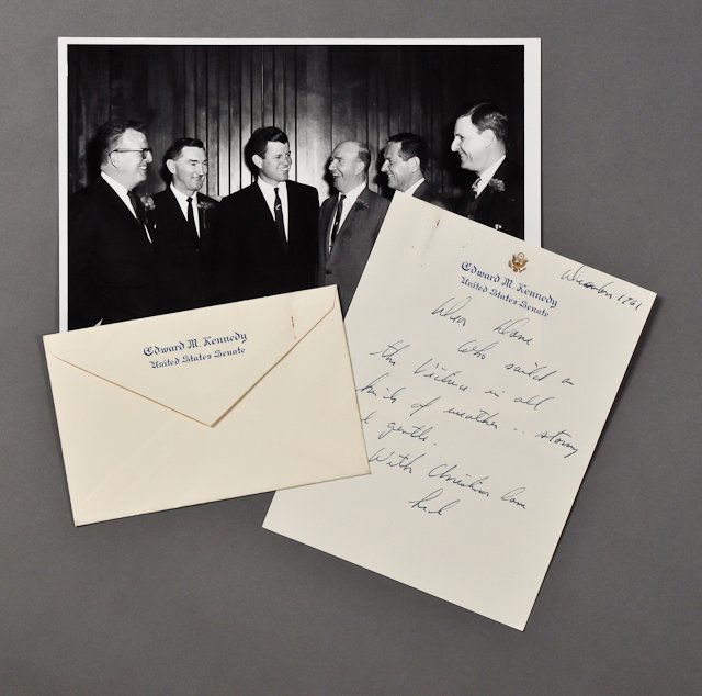 1961-Dec, Ted Kennedy, Signed Letter: (1) Page handwritten note from Senator Edward M. Kennedy to Dave Powers, Dec. 1961. "Dear Dave, Who sailed on the Victura in all kinds weather….stormy and gentle. With Christmas love, Ted," 6" x 5",