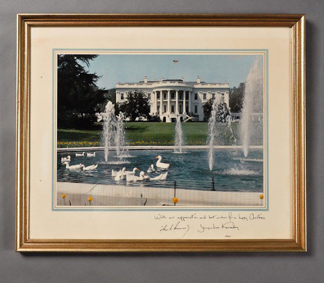 1961-Dec, J.F.K., Christmas: (1) Presentation color photo-mechanical image of the White House. Facsimile annotated and signed "With our appreciation and best wishes for a happy Christmas. John F. Kennedy Jacqueline Kennedy 1961,"