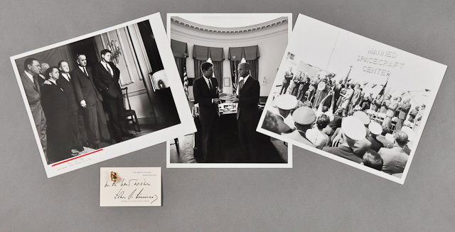 1962-Feb 23, Space Race with John Glenn: (1) Photograph of J.F.K. at Manned Spacecraft Center on Feb 23, 8" x 10", taken by Robert Knudsen, The White House. (2) Photographs of J.F.K. watching John Glenn take off and presenting John Glenn in