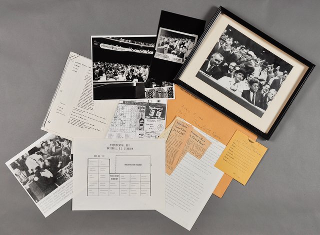 1962-April 9, J.F.K. Opening Day: Interesting Dave Powers file regarding the April 9 Washington Senators season opener. Including (4) photographs and (1) negative of the day's event, 8" x 10". Diagram of seating for the President. The