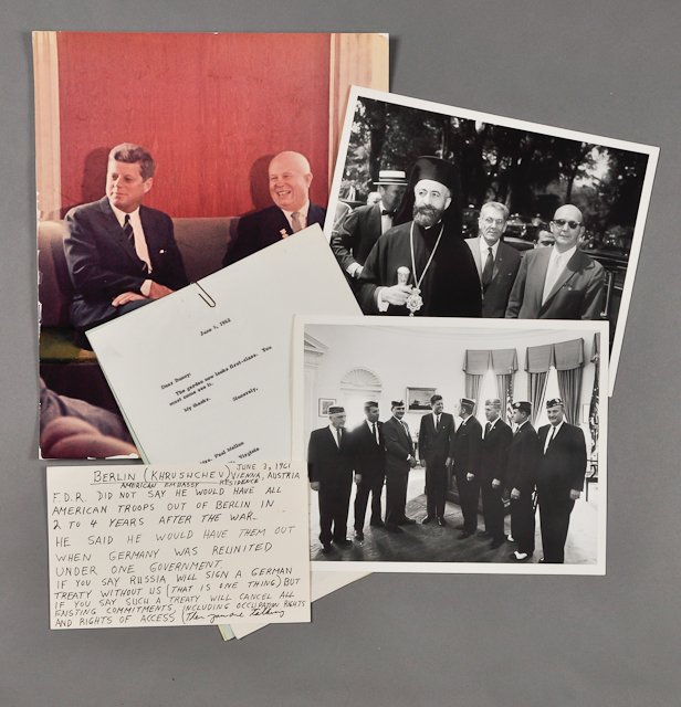 1962-June 3, J.F.K., Photo with Khrushchev: (1) Large format color photograph of J.F.K. with Khrushchev on June 3 in Vienna, 11" x 13", losses about edges. (1) Photograph of Dave Powers with the President of the Republic of Cyprus, June 5, take