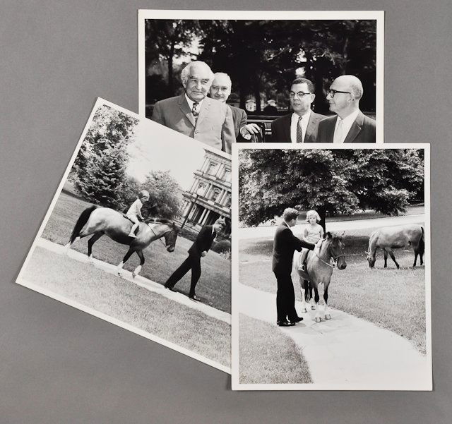 1962-June 27, J.F.K. and Dave Powers: (2) Photographs of J.F.K. with Caroline on pony, June 22, 8" x 10" each, (1) taken by Robert Knudsen. (1) Photograph of Dave Powers with Alexander Bustamante, Premier of Jamaica and Donald Sangster, M