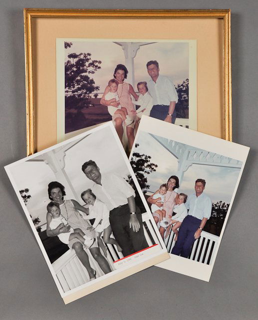 1962-July 5, Kennedy Family, Family Portrait: (1) Color (framed) and (1) black and white photograph of the Kennedy family on Cape Cod on July 5, 8" x 10" each. Together with an additional color reprint. Condition: Fading to color photograph, B+W