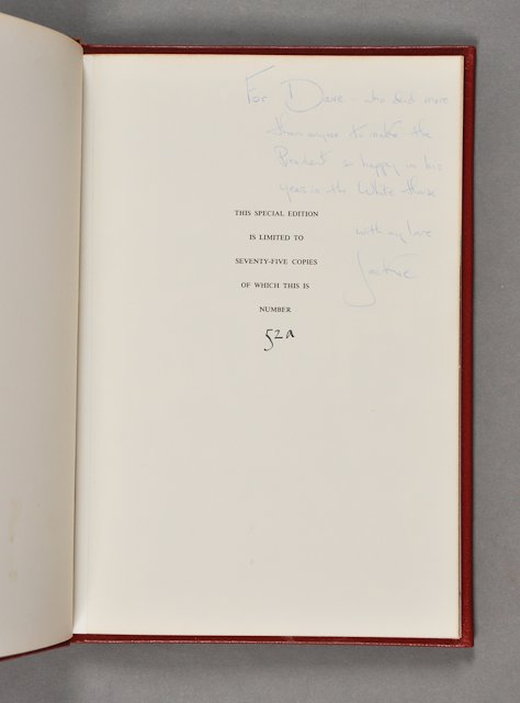 1962-Jacqueline Kennedy, Signed Book: (1) Special Edition of "The White House," signed in flyleaf, "For Dave -who did more than anyone to make the President so happy in his years in the White House. With my love, Jackie." Condition: Minor