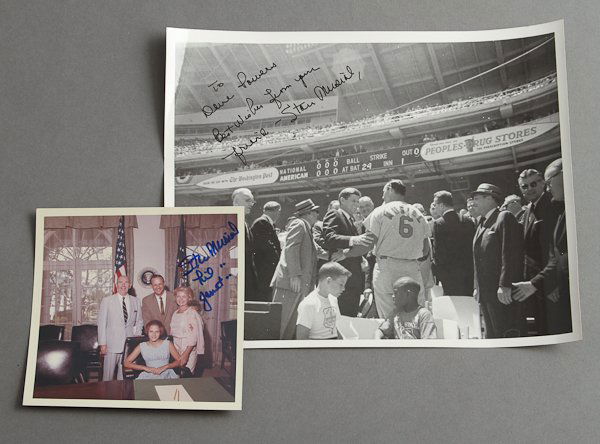 1962-J.F.K., Musial Signatures, All Star Game: (1) Color photograph of Stan Musial with Dave Powers in White House, 5" x 5", signed "Stan Musial, Lil and Janet." Minor fading. (1) Photograph of J.F.K. with Musial in stadium signed, "To Dave Powers