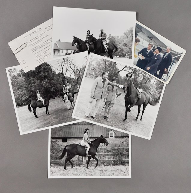 1962-Sept 24, J.F.K., President of Pakistan: (1) Color photograph of J.F.K. and Jackie greeting President Ayub Khan at Quonset Naval Air Station, taken by Robert Knudsen, 5" x 7". Fading. (4) Photographs of Jackie riding at Glen Ora with Ayub Kh