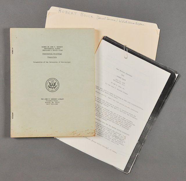 1962-J.F.K., White House Begins Taping: (6) Page typed oral history interview with Robert Bouck of the Secret Service, June 25, 1976. (1) Copy of the Presidential Recordings Transcripts for 1962. Condition: Toning