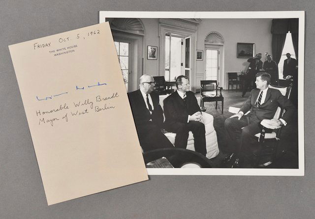 1962-Oct 5, J.F.K., West Germany, Signed memo: (1) Photograph of J.F.K. with Ambassador Krapsteen of Germany and the Hon. Willy Brandt, Mayor of West Berlin, on Oct 5. Good. (1) Page note with signature of Willy Brandt, Oct 5, on White House memo