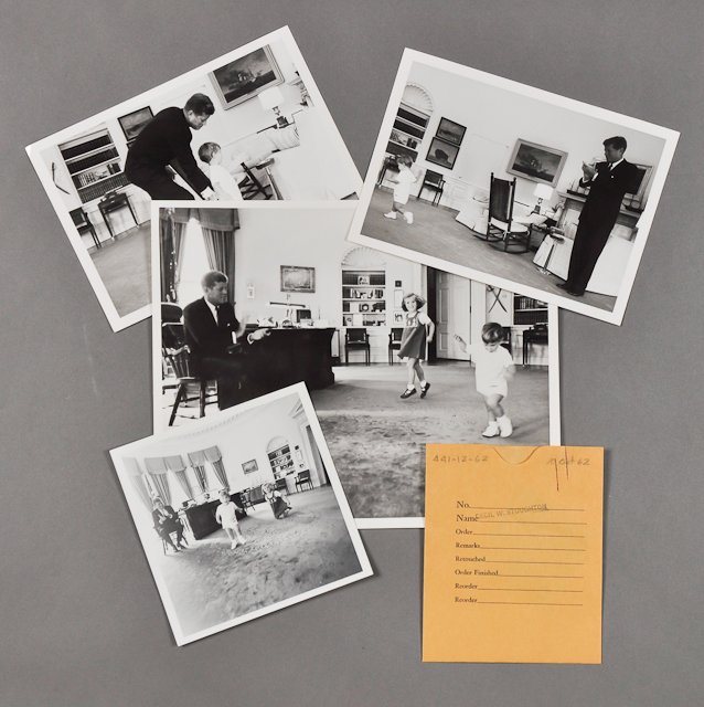 1962-Oct 10, J.F.K., Kids in Oval Office: (2) Photographs of J.F.K. playing with John, Jr. on Oct 10, taken by Cecil Stoughton, 5" x 7". (1) Photograph of J.F.K. with John, Jr. and Caroline, taken by Cecil Stoughton, 8" x 10". (1) Photograph 