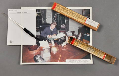 1962-Oct 23, J.F.K., Cuban Missile Crisis: (1) Pen used by J.F.K. at the signing of the "Interdiction of the Delivery of Offensive Weapons to Cuba," presented to Dave Powers by J.F.K., 6" Estabrook acrylic steel pointed pen, "The President The