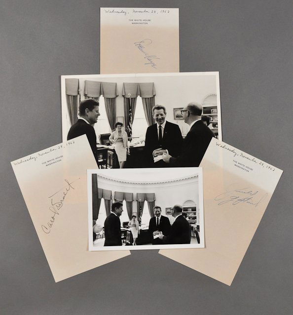 1962-Nov 28, Kaye, Garland & Burnett Sigs.: (1) Autograph of Danny Kaye, Judy Garland and Carol Burnett on (3) separate White House letterhead memos, each dated Nov 28, 8" x 5" each. (1) Photograph of Kaye, Garland and Carol Burnett in the Whit