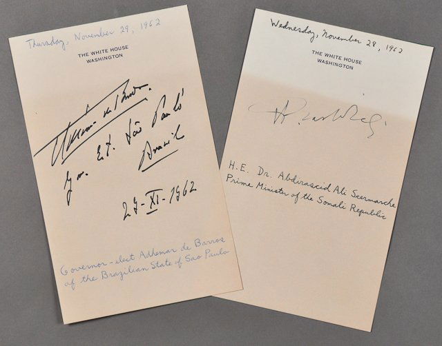 1962-Nov 28, San Paulo & Somali, Signed Memos: (1) Autograph of Governor-Elect Adhemar de Barros of Sao Paulo. (1) Autograph of the Prime Minister of the Somali Republic, Dr. Abdirascid Ali Scermarche, each on White House Letterhead, Nov 28 and 29