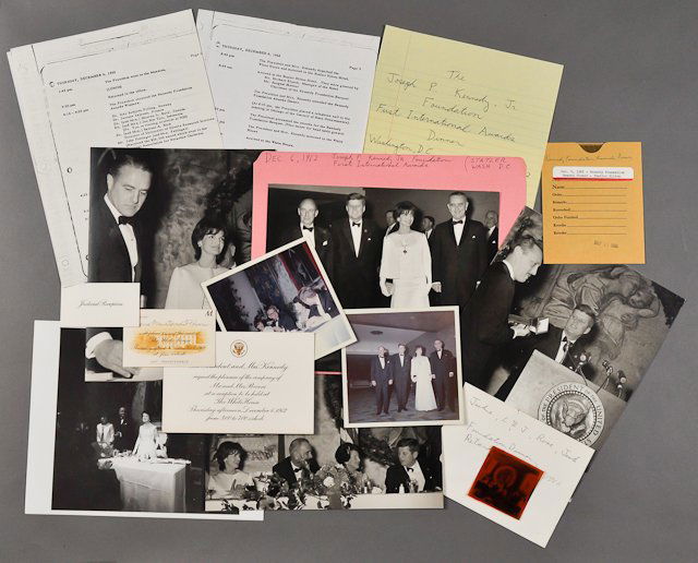 1962-Joseph P. Kennedy Foundation Awards: (2) Pages of itinerary by David Powers. (1) Invitation to Mr. and Mrs. Powers. (1) White House entrance card. (1) Judicial Reception card. (2) Color photographs of the Kennedy's with Rose and L.B.J.,