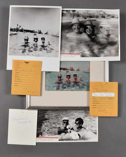 1962-Dec 9, J.F.K., Bing Crosby's Pool: (1) Color photograph of J.F.K., Pat and Dave Powers in Bing Crosby's pool in Palm Springs on Dec. 9, 7" x 7", framed, as well as a black and white example. (1) Color photograph of J.F.K. and Dave Powe