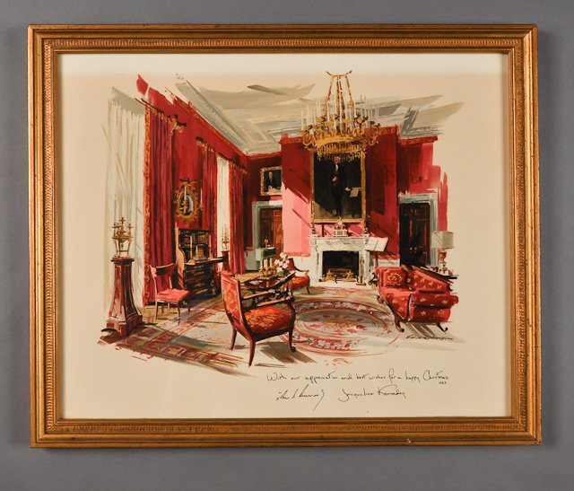 1962-Christmas Gift from the White House: (1) Framed color print of the White House sitting room. Signed in print "With our appreciation and best wishes for a happy Christmas 1962, John F. Kennedy Jacqueline Kennedy." 15" x 19" Condition: Min