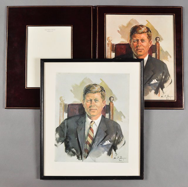 1962-J.F.K., Portrait: (2) Color prints of J.F.K. in his rocking chair by William F. Draper. 13" x 10 1/2". Framed (1) Displayed in an oxblood leather frame embossed in gold with the Great Seal of the President. Wear to sea