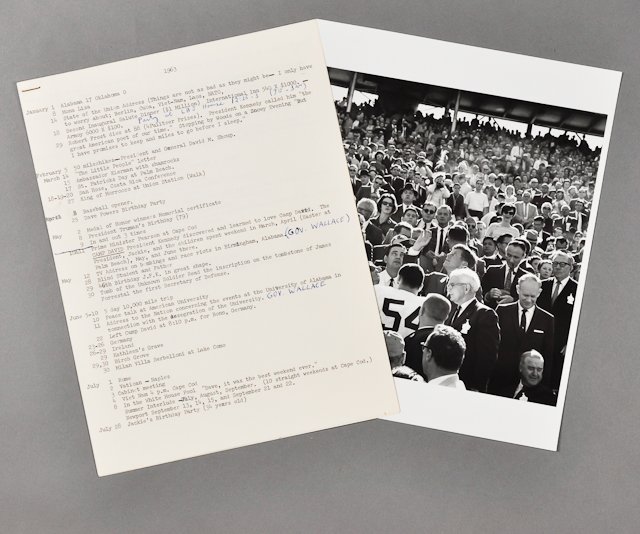 1963-Jan 1, J.F.K., Football Fan: (2) Page typed J.F.K. itinerary for by David Powers for 1963. Toning (1) Photograph of J.F.K. tossing the game coin at the Orange Bowl on Jan 1. 8" x 10". Good Condition: See Description
