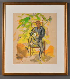 1963-Jan 2, J.F.K., Portrait by de Kooning: (1) Portrait of J.F.K. reading in his rocking chair by Elaine de Kooning. Signed E de K and dated 1/2/63. Gouache 15 1/2" x 13". Framed. Condition: Good, Cockling. Together with (1) Large format photo