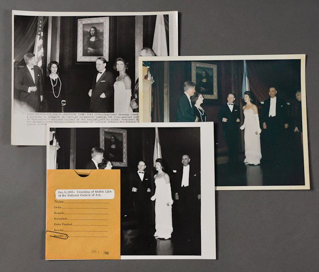 1963-Jan 8, Unveiling of the Mona Lisa: (1) Color photograph of the Kennedys before the Mona Lisa displayed at the National Gallery of Art on Jan 8. 8" x 10". Fading. Together with (1) Black and white example and negative. 8" x10". (1) Phot