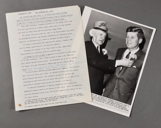 1963-Mar 17, J.F.K., St. Patrick's Day: (1) Page Dave Powers account of St. Patricks Day, Mar 17. (1) Photograph of J.F.K. with Representative Michael Kirwan. 8" x 10". Taken by the Associated Press. Together with (1) "K" lepal pin. Conditi