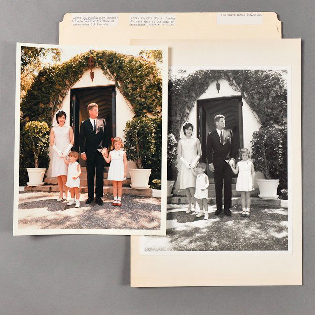 1963-April 14, J.F.K., Easter Sunday: (2) Photographs (1) Color of the Kennedy Family attending a private Mass at the home of Ambassador Joseph P. Kennedy. April 14. 8" x 10" each. Taken by Cecil Stoughton, The White House. Condition: B/W
