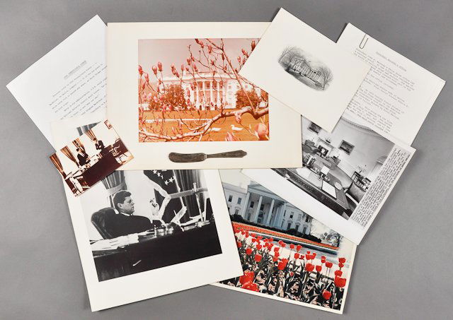 1963-April, J.F.K., The White House Office: (2) Color photographs of the White House 11" x 14" (surface creasing) and 7 1/2" x 9 1/2" (mounted, fading). Each taken by Cecil Stoughton. (1) Photograph of the Oval Office. 8" x 10". Taken by the As