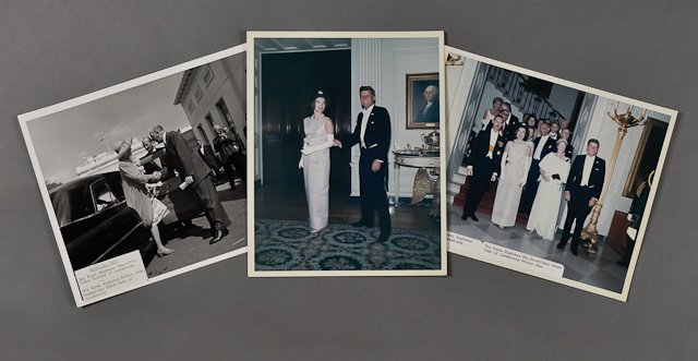1963-April 30, J.F.K., Duchess of Luxembourg: (1) Photograph of David Powers greeting H.R.H. Charlotte, Grand Duchess of Luxembourg and Prince Jean, Hereditary Grand Duke of Luxembourg. April 30. 8" x 10". Taken by Cecil Stoughton. (2) Color phot