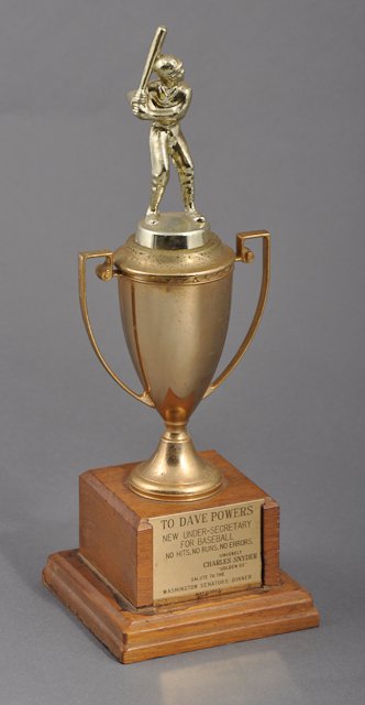1963-May 6, J.F.K. Gag Gift to Dave Powers: (1) Trophy inscribed "To Dave Powers, New Under-Secretary For Baseball, No Hits, No Runs, No Errors, Sincerely Charles Snyder "Golden Ox" Salute to the Washington Senators Dinner" 13" h. Oxidation, su