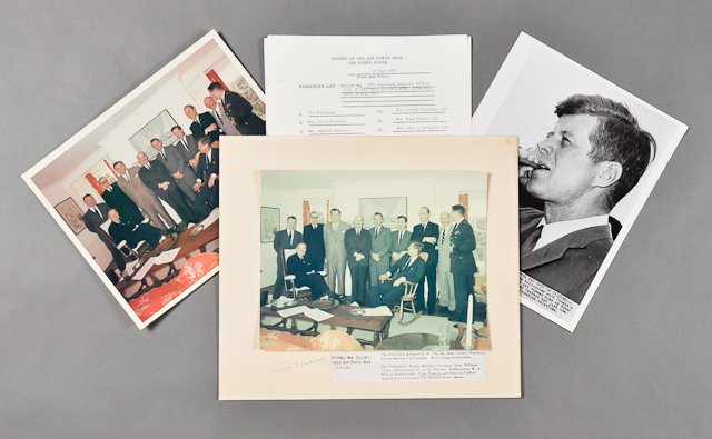 1963-May 11, Canadian P.M., Signed Photo: (1) Color photograph of J.F.K. with Lester Pearson, Prime Minister of Canada May 11. 8" x 10". Taken by Cecil Stoughton. Good (1) color photograph of the same. Mounted and signed by Lester Pearson on 