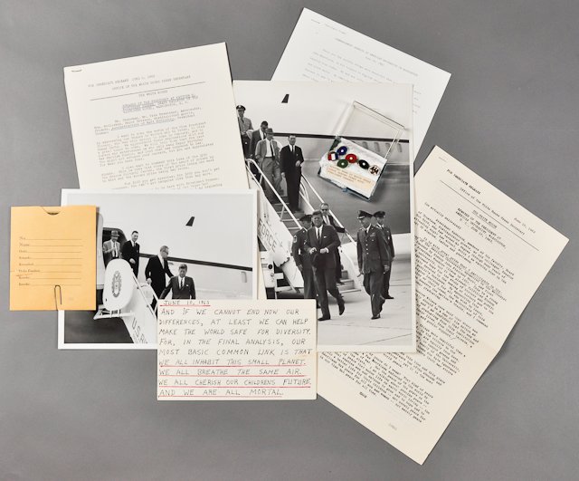 1963-June 6, Travelling with the President: (1) Large format photograph of J.F.K. arrival at Andrews Air Force Base after a trip from California and Hawaii with Sen. Engle, Ken O'Donnell, Dave Powers, Pierre Salinger and General Ted Clifton. 14