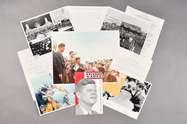 1963-June 26-29, J.F.K., Visit to Ireland: (1) Page of remarks of J.F.K. at Cork City Hall. (3) Pages of Dave Powers recollections of J.F.K. in Ireland. (1) Color photograph of J.F.K. greeting children 8" x 10". Taken by Robert Knudsen. (1) Ph