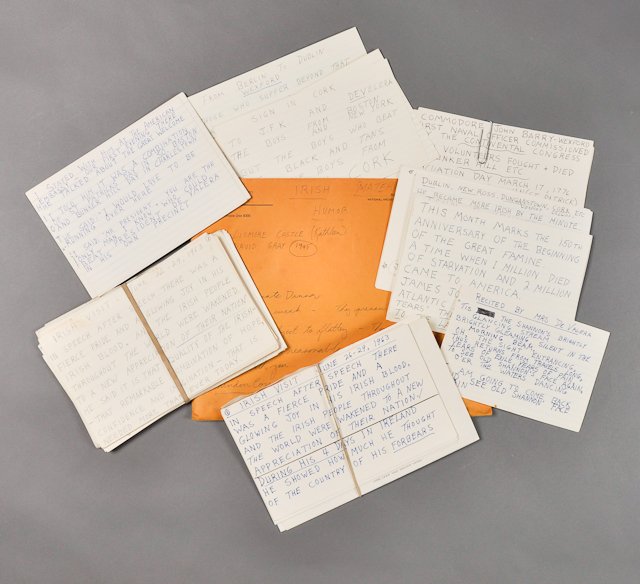 1963-June 26-29, J.F.K., Visit to Ireland: (1) David Powers' file of hand written index cards of notes, remarks, speeches, dinners etc. by J.F.K. (1) "A Memory of John F. Kennedy, Visit to Ireland 26th-29th June, 1963. Wood Printing Works, Dub