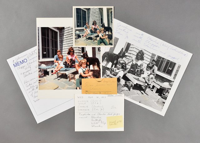 1963-Aug 14, Kennedys on Squaw Island: (1) Color photograph of the Kennedy family sitting on porch of cottage. 5" x 5". Good. Color, Black and White with negative reprints of the same image. 8" x 10" and smaller. Together with Dave Powers 