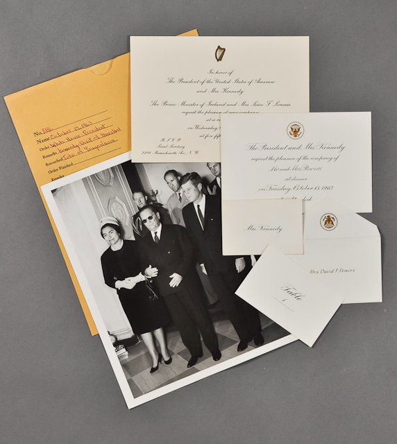 1963-Oct 15-17, J.F.K., Invitations: (2) Invitations with the Great Seal of the President and Irish Harp to Mr. and Mrs. Powers to attend White House functions. Soiling. (1) Photograph of J.F.K. with Marshall Tito of Yugoslavia, Oct 17.