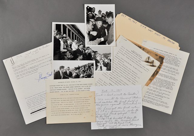 1963-Oct. 19, J.F.K., Last Visit to Boston: Interesting Dave Powers File Including (2) Photographs of J.F.K. at the University of Maine Oct 19. 5" x 7" each. (1) Photograph of J.F.K. amongst fans at Harvard Stadium Oct 19. 8" x 10". Pressure se