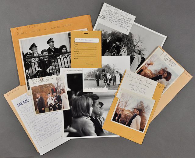 1963-Nov 13, Black Watch at White House: (3) Color photographs, later reprints, of J.F.K. and Jackie receiving the Black Watch, Nov 13. 5" x 5" each. Each taken by Cecil Stoughton.(1) Photograph and negative of Black Watch speaking. 5" x 7".