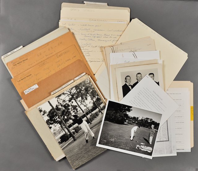 1963-J.F.K., And Sports: A large Dave Powers file on J.F.K.'s passion for sports. Including (2) Photographs of J.F.K. playing golf. 12" x 10", mounted, and 8" x 10". Together with a listing of days J.F.K. played golf in 1961.