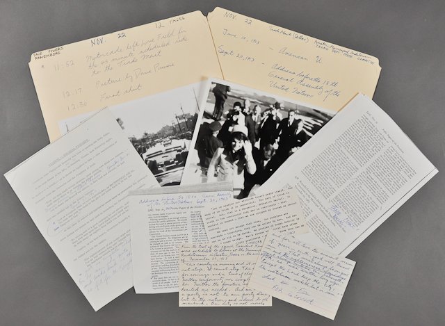1963-Nov 22, J.F.K.'s, Dallas Trip: Dave Powers file on the events of Nov 22 including photocopied documents, handwritten index cards. (2) Photographs of Kennedys Boarding Air Force #1 and in Dallas motorcade. 8" x 10" each. Taken by Da