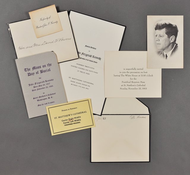 1963-Nov 25, J.F.K., Funeral: (1) Invitation with envelope address to David and Jo Powers to attend funeral services on Nov 25. Toning. (1) Card addressed to "The family of President of John F. Kennedy". Toning, soiling. (1) "The 