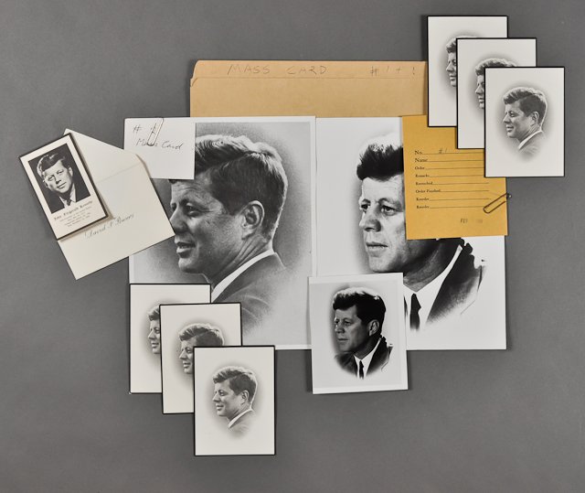 1963-Nov 25, J.F.K., Funeral: (5) Mass Cards for the funeral of J.F.K. 4 1/2" x 3 1/2" each. Good. (1) Mass Card in Dave Powers envelope 4" x 2 1/2 ". (1) Photograph of J.F.K. used on Mass Card. 8" x 10". Good. (1) Photograph of J