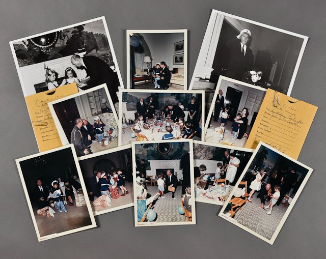 1963-Dec 5, Birthday Party for John, Jr.: Belated birthday parties for John, Jr. and Caroline Dec 5. (9) Color photographs of the party with Dave Powers with children. 5" x 7" each. Toning, pressure sensitive adhesive labels each. Each taken 