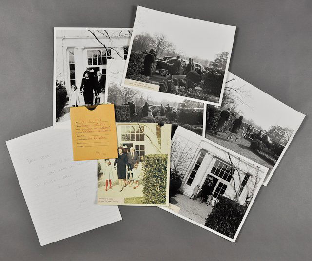 1963-Dec 6, Move out day Jackie, Signed Note: (1) Color photograph with B/W negative of Jackie with children leaving White House. 8" x 7". Fading, cut down, tears, pressure sensitive adhesive label. Taken by Cecil Stoughton. (5) Photographs of Ja