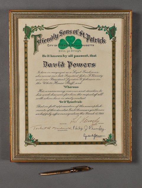 1964-Mar 15, Pres. Johnson, Signed Resolve: (1) Certificate in appreciation of the accomplishments of Dave Powers from the Friendly Sons of St. Patrick, Everett, MA. Signed, Lyndon B. Johnson, Ted Kennedy, Philip Cramley and Torbert MacDonald.1