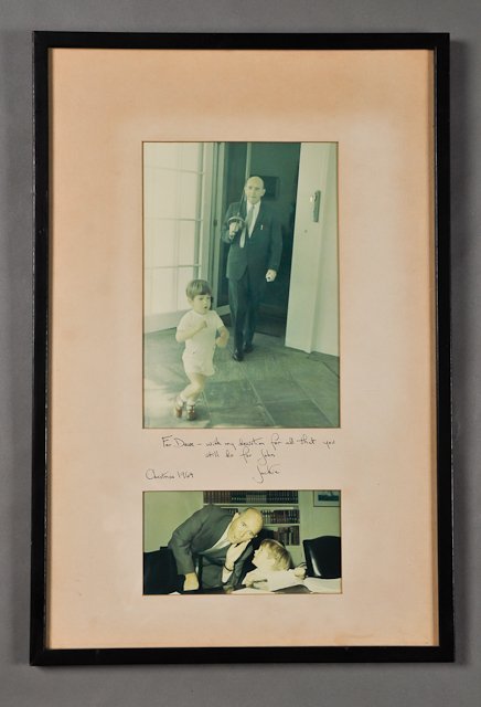 1964-Dec, Jackie, Signed Christmas Present: (1) Diptych of (2) Color photographs of Dave Powers playing with John, Jr. Signed "For Dave-with my devotion for all that you still do for John, Jackie" 20" x 13" (Including Frame). Condition: Fading 