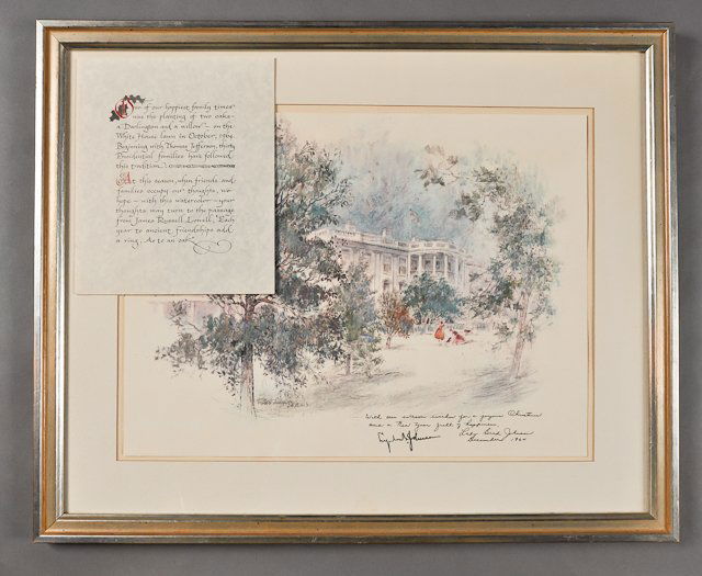 1964-Dec, President and Mrs. Lyndon Johnson: (1) Color print of the White House, A Christmas gift from the Johnsons. 20" x 24" framed. (1) Page Seasonal note "To Friendship". Condition: Good