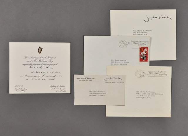 1965-Jun-July, Envelopes Franked by Jackie: (4) Envelopes addressed to David Powers from Jackie, franked upper right "Jacqueline Kennedy. Soiling (1) Invitation to Mr. and Mrs. Powers for cocktails from the Ambassador of Ireland and Mrs. Willia