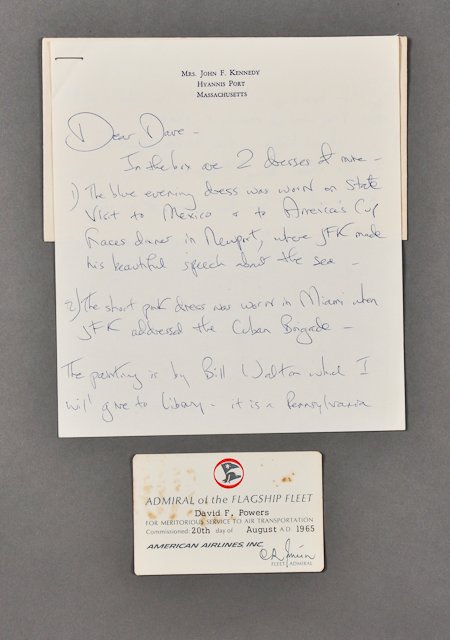 1965-Jackie, Handwritten Note: (1) Page note with envelope on Mrs. J.F.K. letterhead from Jackie to Dave Powers regarding gifting the sailboat Victura to the Kennedy Library. Handwritten and signed, Jackie. Staple, creasing. (1) Am