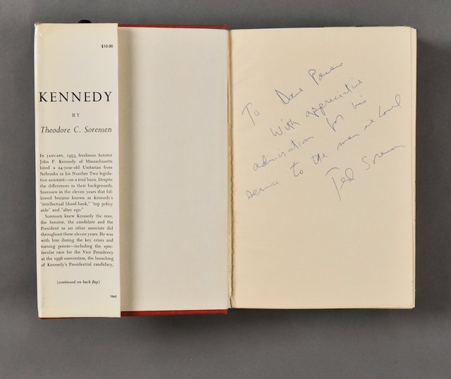1965-"Kennedy" by Sorensen, Signed Copy: (1) "Kennedy" Biography by Theodore Sorensen. 783pp. Signed "To Dave Powers with appreciative administration for his service to the man we loved, Ted Sorensen". Tipped in, toning, wear to jacket. Cond