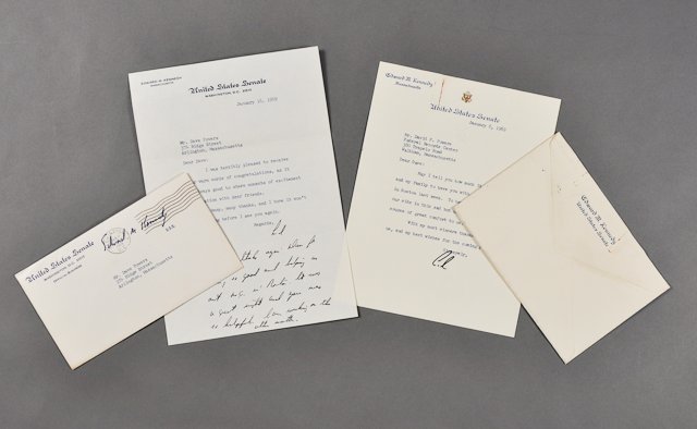 1969-Jan, Ted Kennedy Signed Notes: (2) Notes with envelopes (1) Franked to Dave Powers from Ted Kennedy on US Senate letterhead. Both thanking Dave for his help. Each signed "Ted" on January 6th and 16th 1969. Condition: Paperclip impr