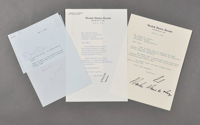 1970-Dave Powers notes signed Jackie and Ted: (2) Notes with (1) envelope (Franked) to Dave Powers from Ted on US Senate letterhead containing praise for commencement address and support for a charity. Each signed Ted (1) Note to Dave Powers from